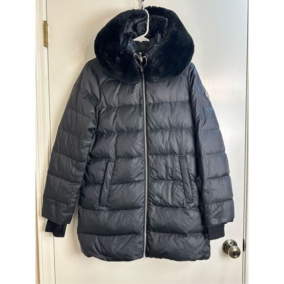 Michael Kors size XS black DOWN coat long puffer with hood and inner bib - Picture 2 of 12